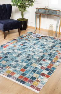 Mavi Beyaz Eskitme Patchwork Salon Halısı