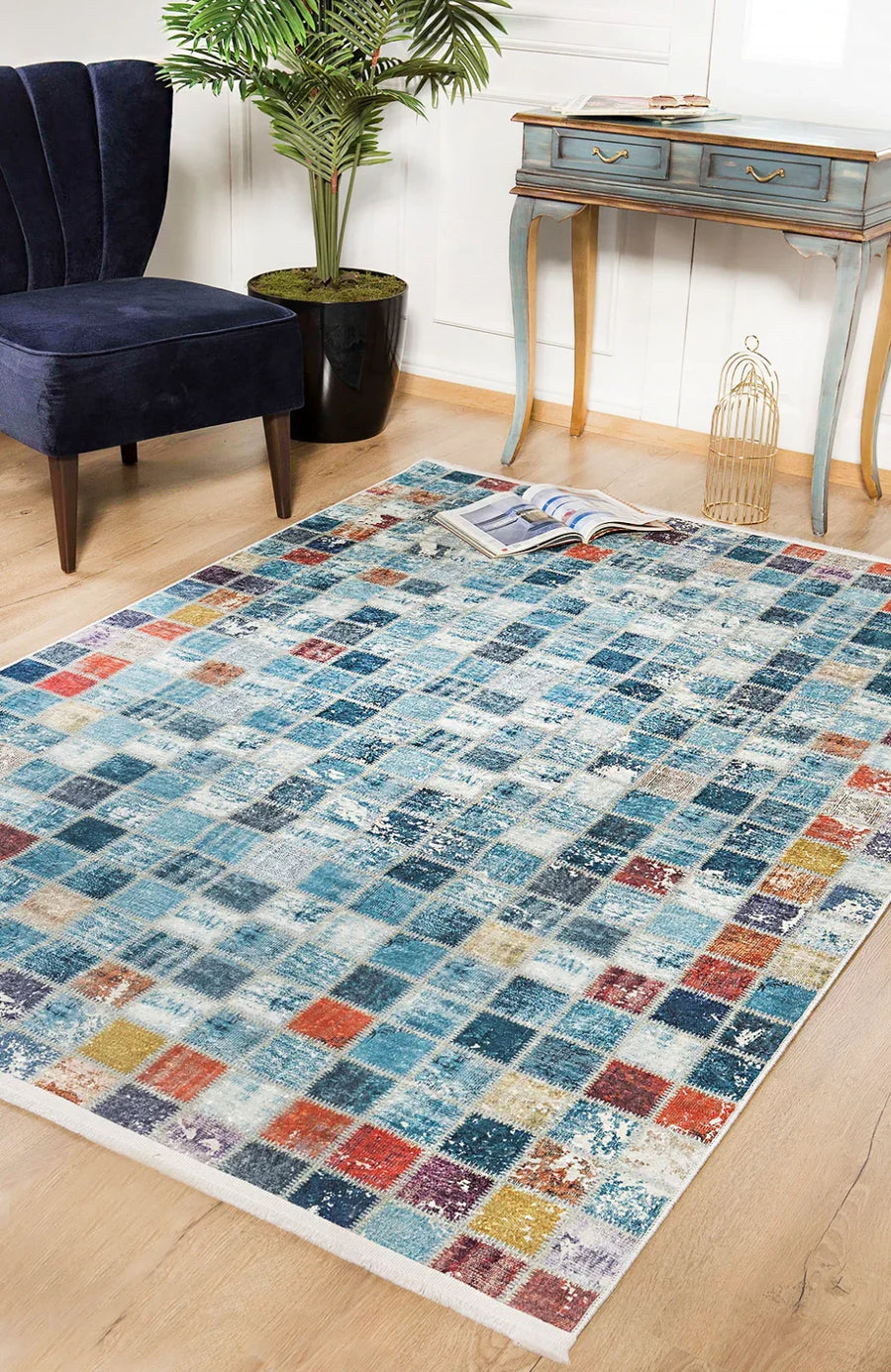 Mavi Modern Patchwork Halı - Yıkanabilir - Kaymaz Taban - Pati Dostu