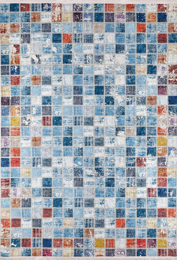 Mavi Modern Patchwork Halı - Yıkanabilir - Kaymaz Taban - Pati Dostu
