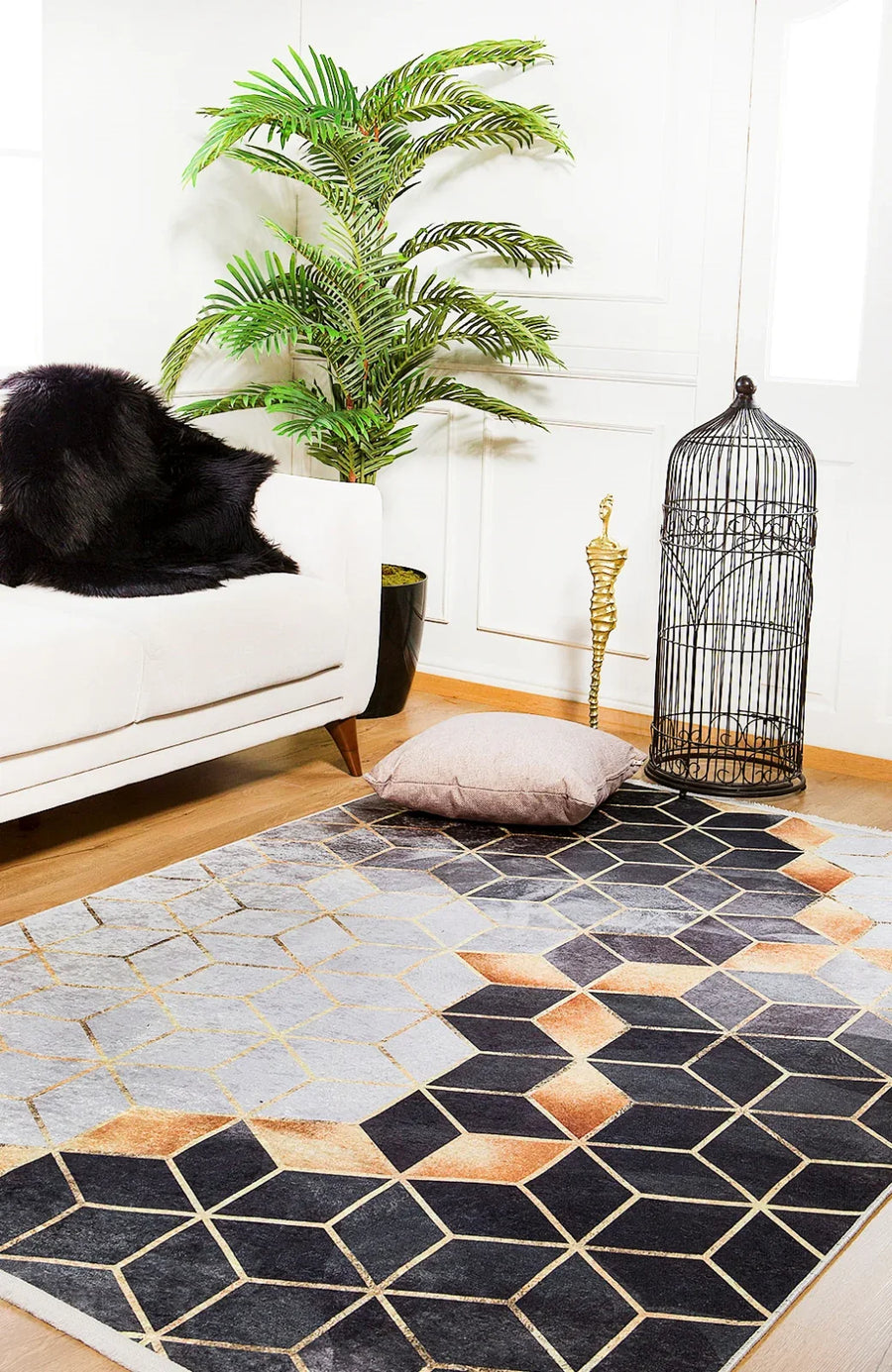 Antrasit Gri Geometrik Modern Halı - Yıkanabilir - Kaymaz Taban - Pati Dostu