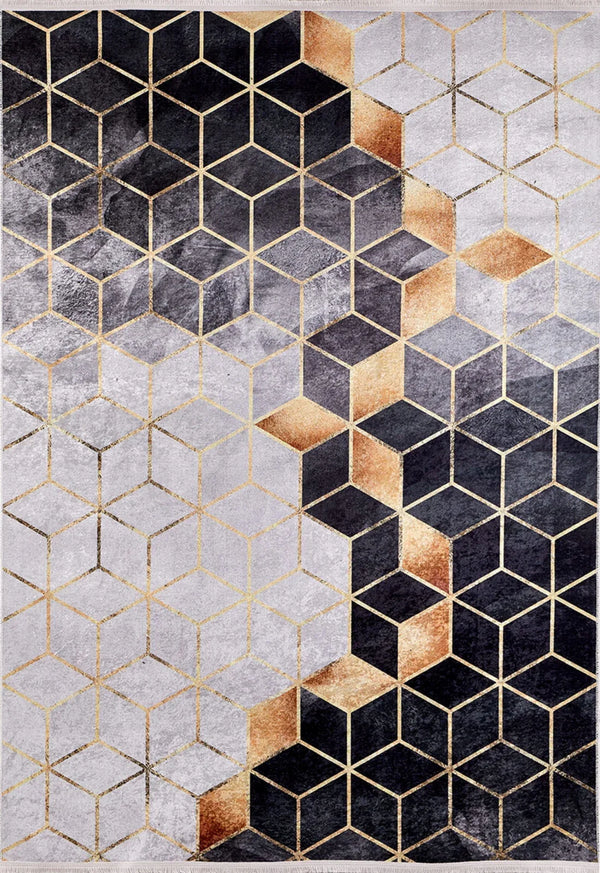 Antrasit Gri Geometrik Modern Halı - Yıkanabilir - Kaymaz Taban - Pati Dostu