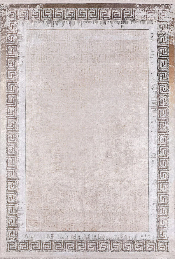 Bej Krem Bordürlü Modern Halı - Yıkanabilir - Kaymaz Taban - Pati Dostu
