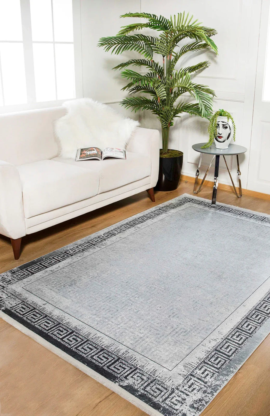 Beyaz Gri Bordürlü Modern Halı - Yıkanabilir - Kaymaz Taban - Pati Dostu