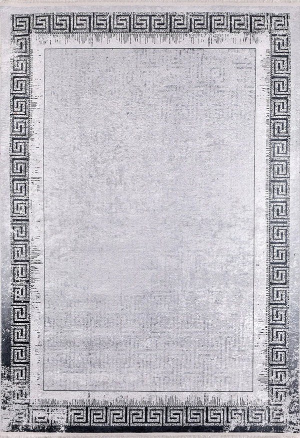 Beyaz Gri Bordürlü Modern Halı - Yıkanabilir - Kaymaz Taban - Pati Dostu