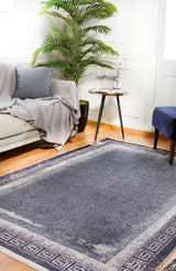 Anthracite Grey Distressed Geometric Living Room Rug Greek Key - Polyester