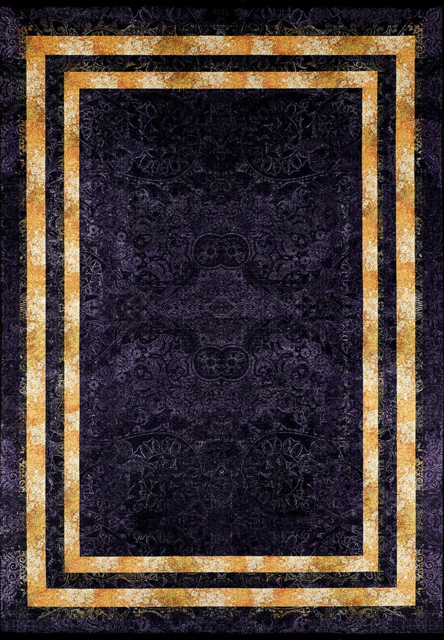 Purple and Gold Geometric Area Rug – in the living room