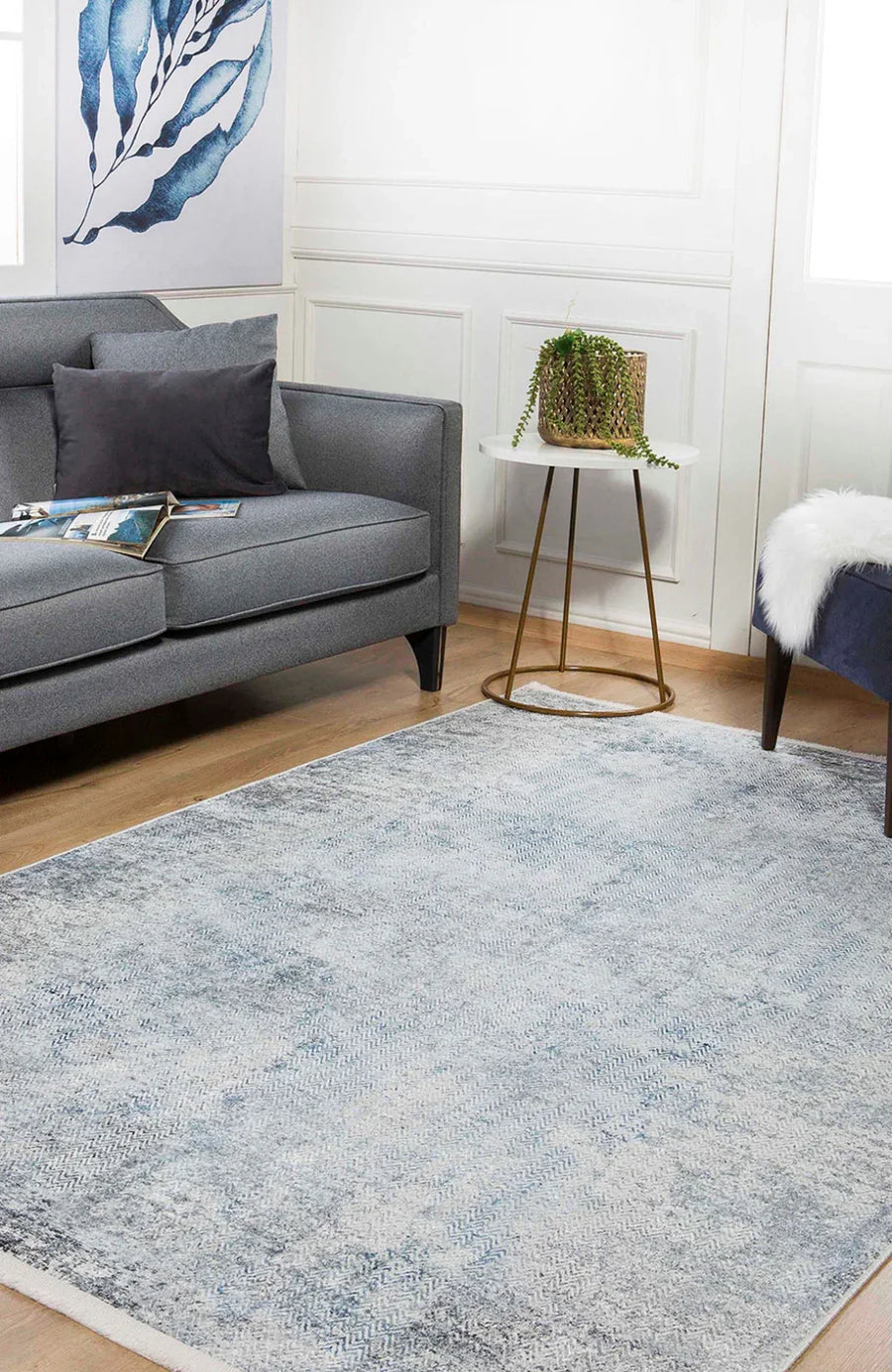 Gri Mavi Dokulu Minimalist Halı - Yıkanabilir - Kaymaz Taban - Pati Dostu