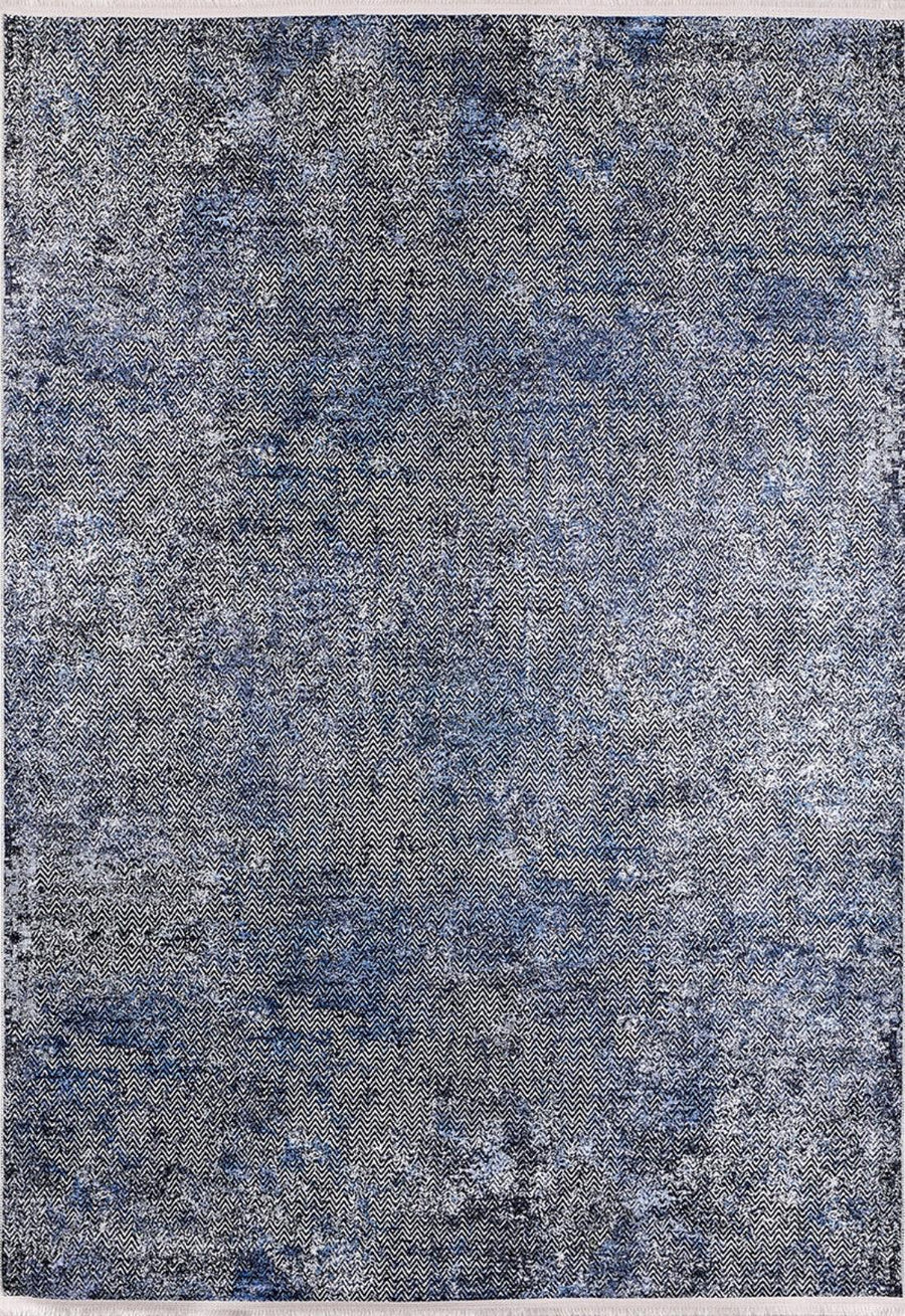 Moderner Teppich Blau Grau mit abstraktem Muster – im Wohnzimmer