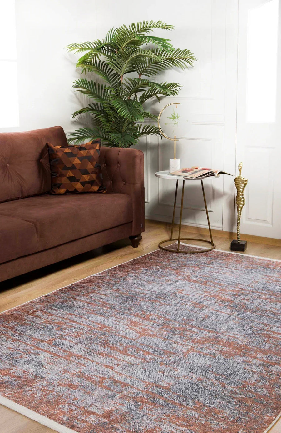 Gri Eskitme Modern Halı - Yıkanabilir - Kaymaz Taban - Pati Dostu