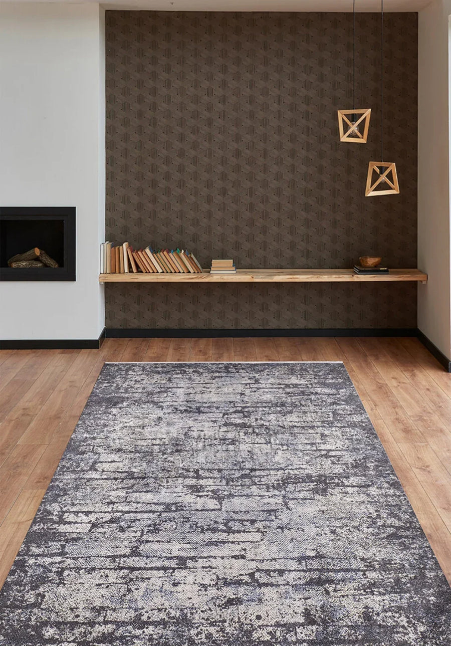 Antrasit Gri Dokulu Modern Halı - Yıkanabilir - Kaymaz Taban - Pati Dostu