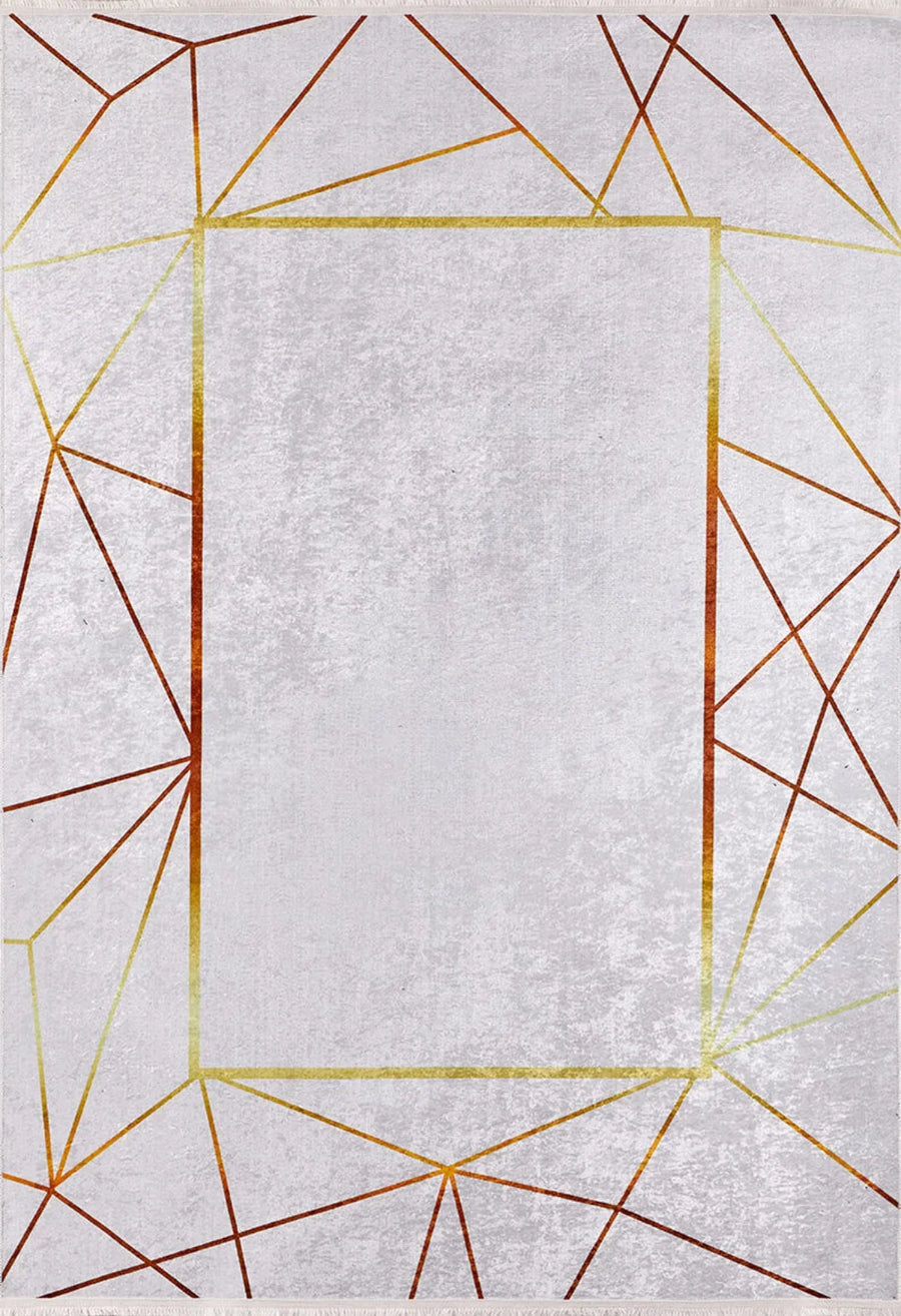 Teppich mit geometrischem Muster in Grau und Gold, waschbar – im Wohnzimmer