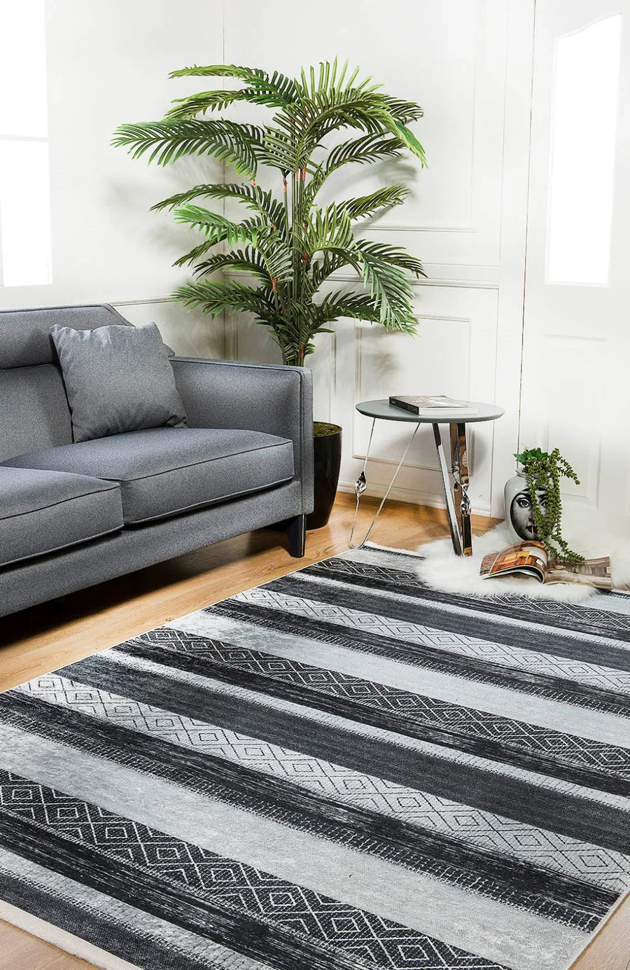 Antrasit Gri Geometrik Modern Halı - Yıkanabilir - Kaymaz Taban - Pati Dostu