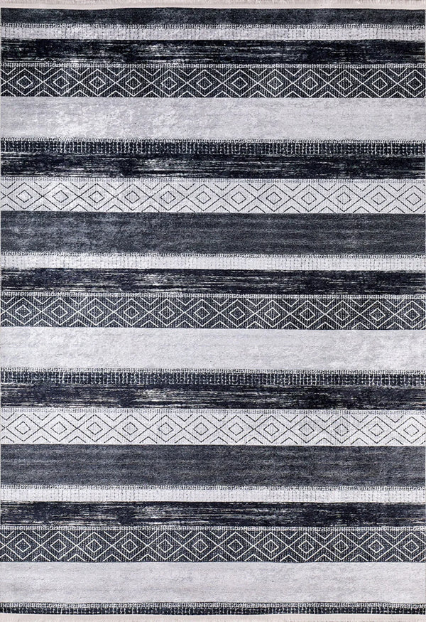 Antrasit Gri Geometrik Modern Halı - Yıkanabilir - Kaymaz Taban - Pati Dostu