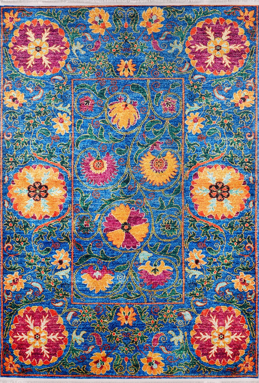 Blue Floral Area Rug with Yellow Flowers – in the living room