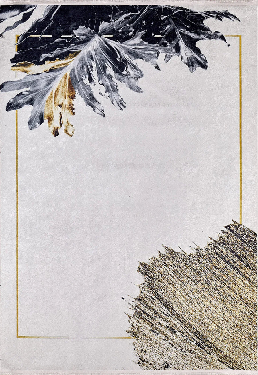 White and Black Abstract Area Rug – in the living room