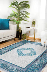 Light Gray Turquoise Classic Medallion Living Room Rug - Polyester