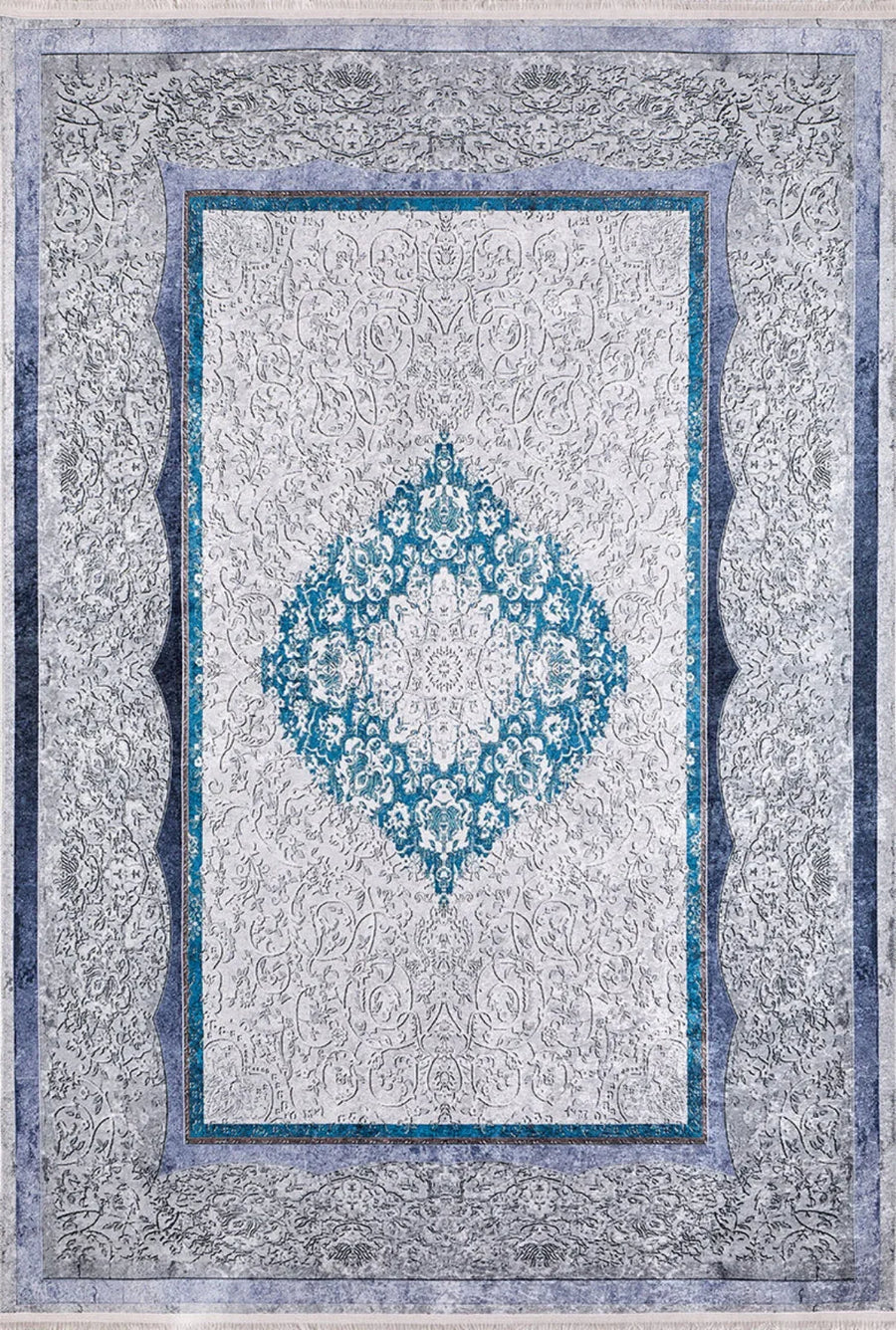 Grey and Turquoise Medallion Runner Rug – in the living room