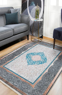 Anthracite Turquoise Medallion Pattern Digitally Printed Rug for Living Room and Hallway