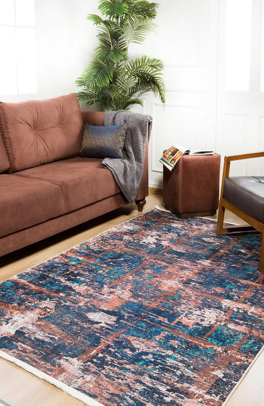 Mavi Dokulu Modern Halı - Yıkanabilir - Kaymaz Taban - Pati Dostu