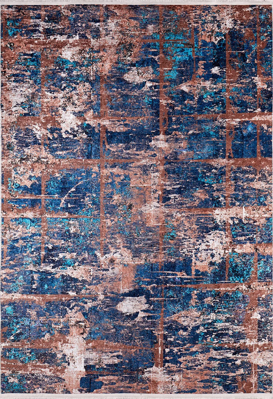 Navy Blue & Copper Abstract Area Rug – in the living room