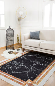 Miass Gold Çerçeveli Siyah Dijital Baskı Halı Halınet