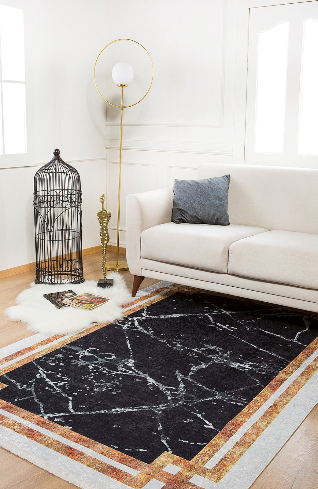 Miass Gold Çerçeveli Siyah Dijital Baskı Halı Halınet