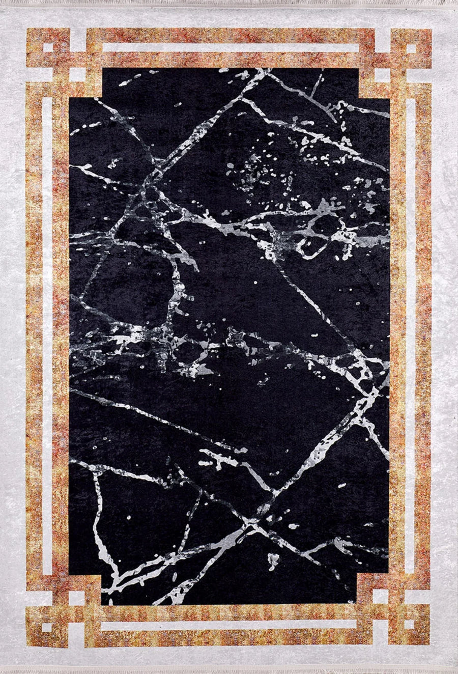 Modern Black and Gold Mandala Area Rug – in the living room