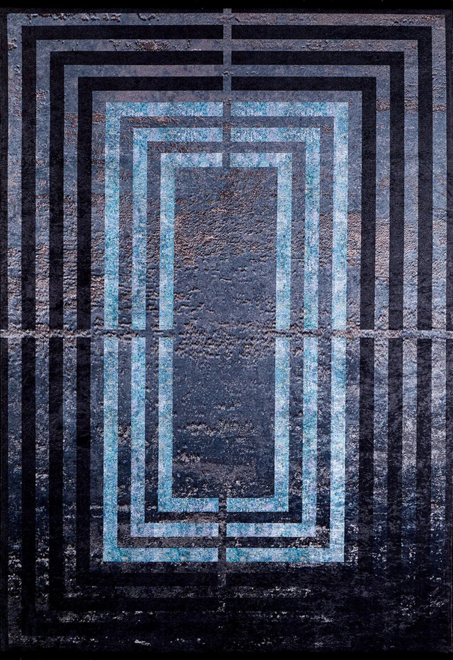Navy and Light Blue Geometric Distressed Area Rug – in the living room