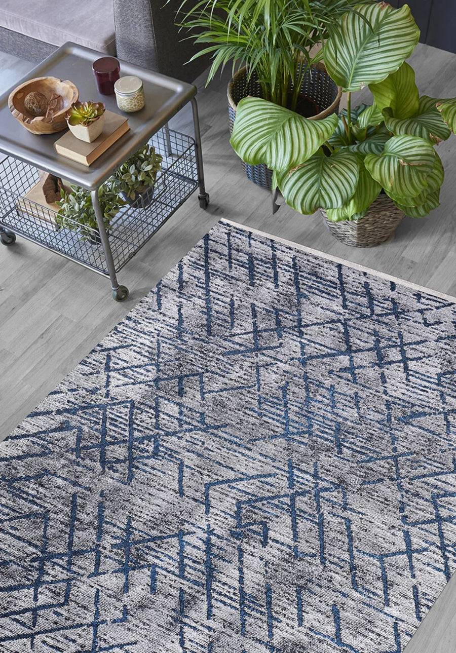 Beyaz Gri Geometrik Modern Halı - Yıkanabilir - Kaymaz Taban - Pati Dostu