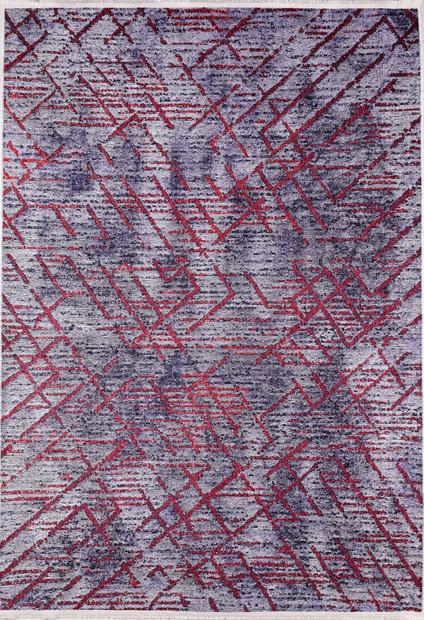 Gri Kırmızı Geometrik Modern Halı - Yıkanabilir - Kaymaz Taban - Pati Dostu