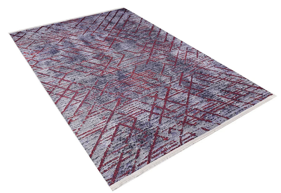 Gri Kırmızı Geometrik Modern Halı - Yıkanabilir - Kaymaz Taban - Pati Dostu