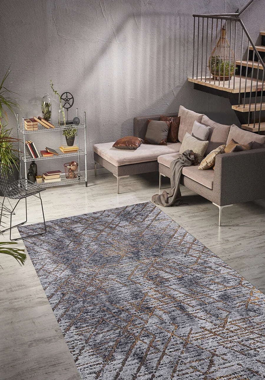 Dijital Baskı Halı Gri Geometrik Desenli – Oturma odası kullanımı