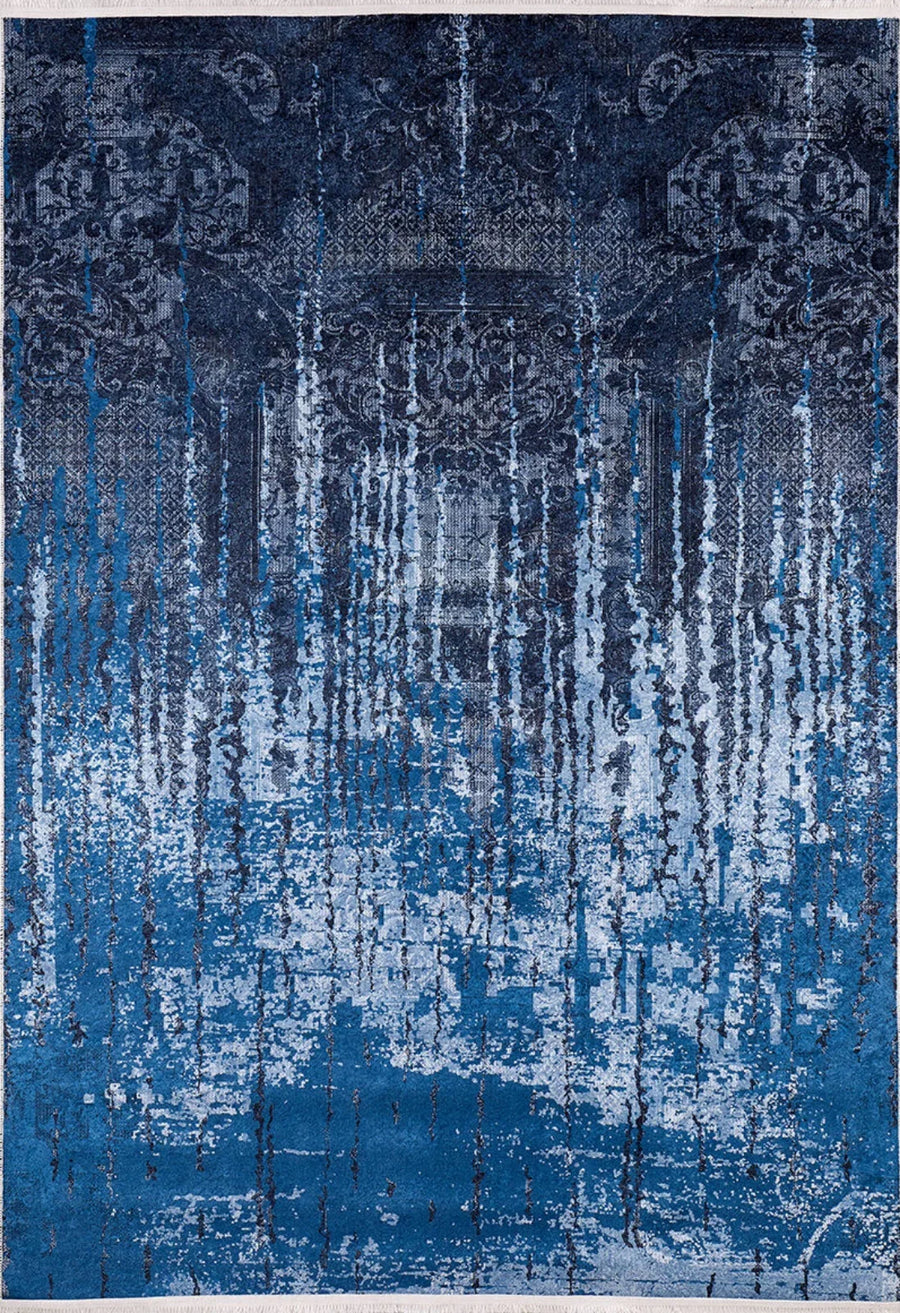 Moderner Teppich Blau & Dunkelblau mit abstraktem Muster – im Wohnzimmer