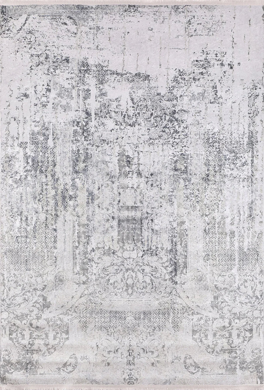Light Grey and White Abstract Distressed Area Rug – in the living room