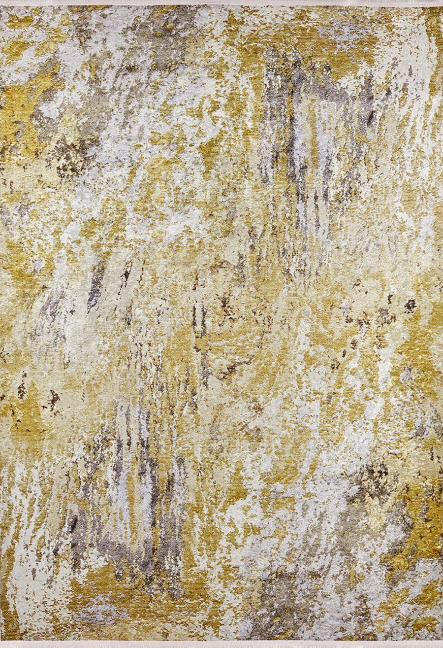 Modern Abstract Area Rug in Mustard Yellow & Grey – in the living room