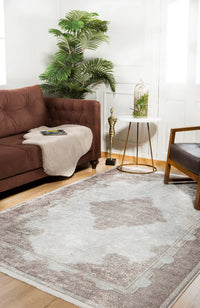 Tapis classique gris et marron à impression numérique, motif à médaillons
