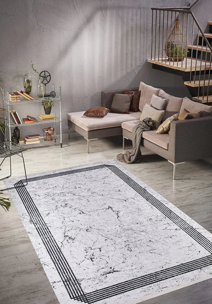 Beyaz Gri Mermer Desenli Modern Halı - Yıkanabilir - Kaymaz Taban - Pati Dostu