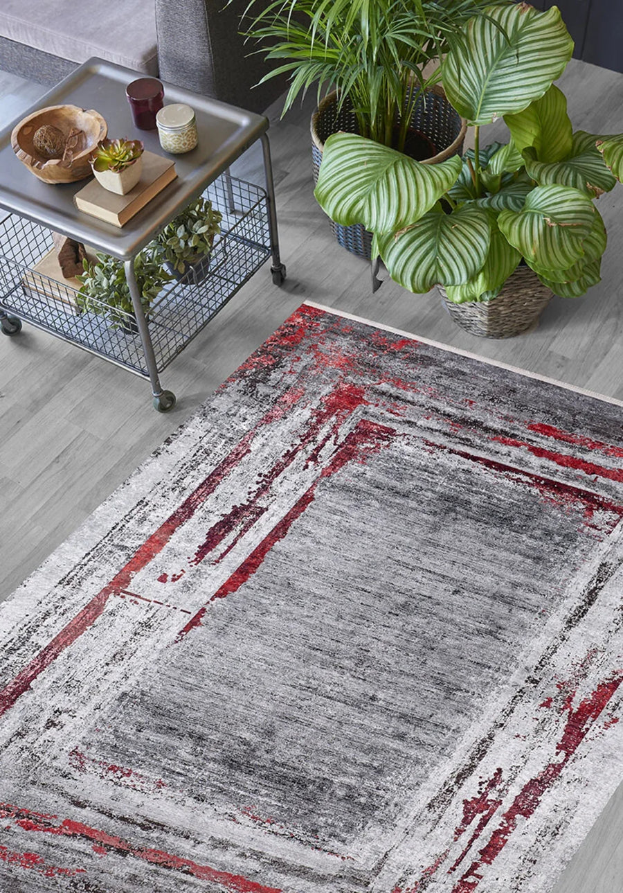 Gri Eskitme Modern Halı - Yıkanabilir - Kaymaz Taban - Pati Dostu