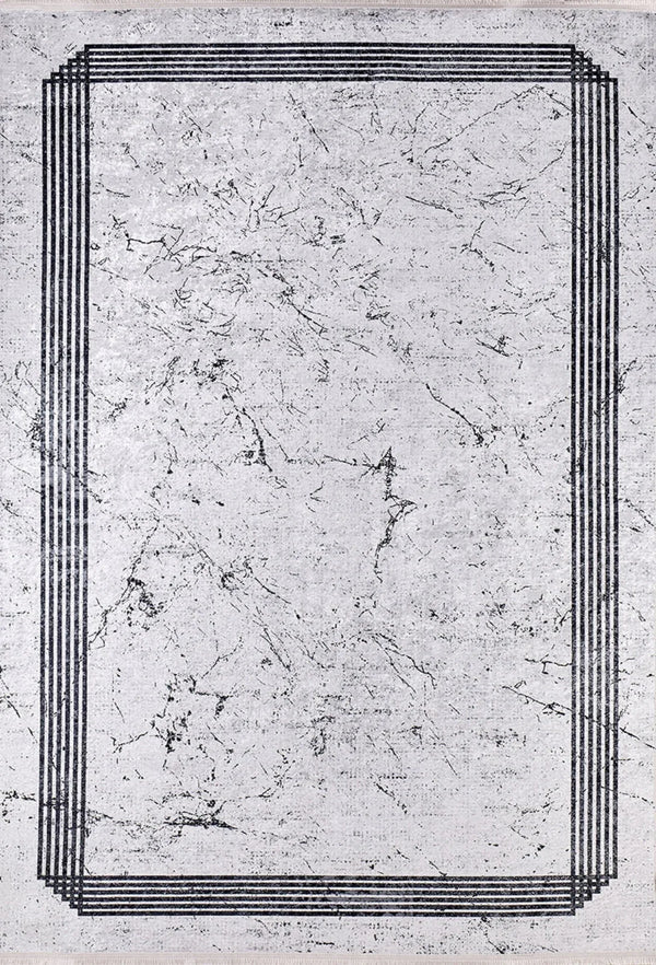 Beyaz Gri Mermer Desenli Modern Halı - Yıkanabilir - Kaymaz Taban - Pati Dostu
