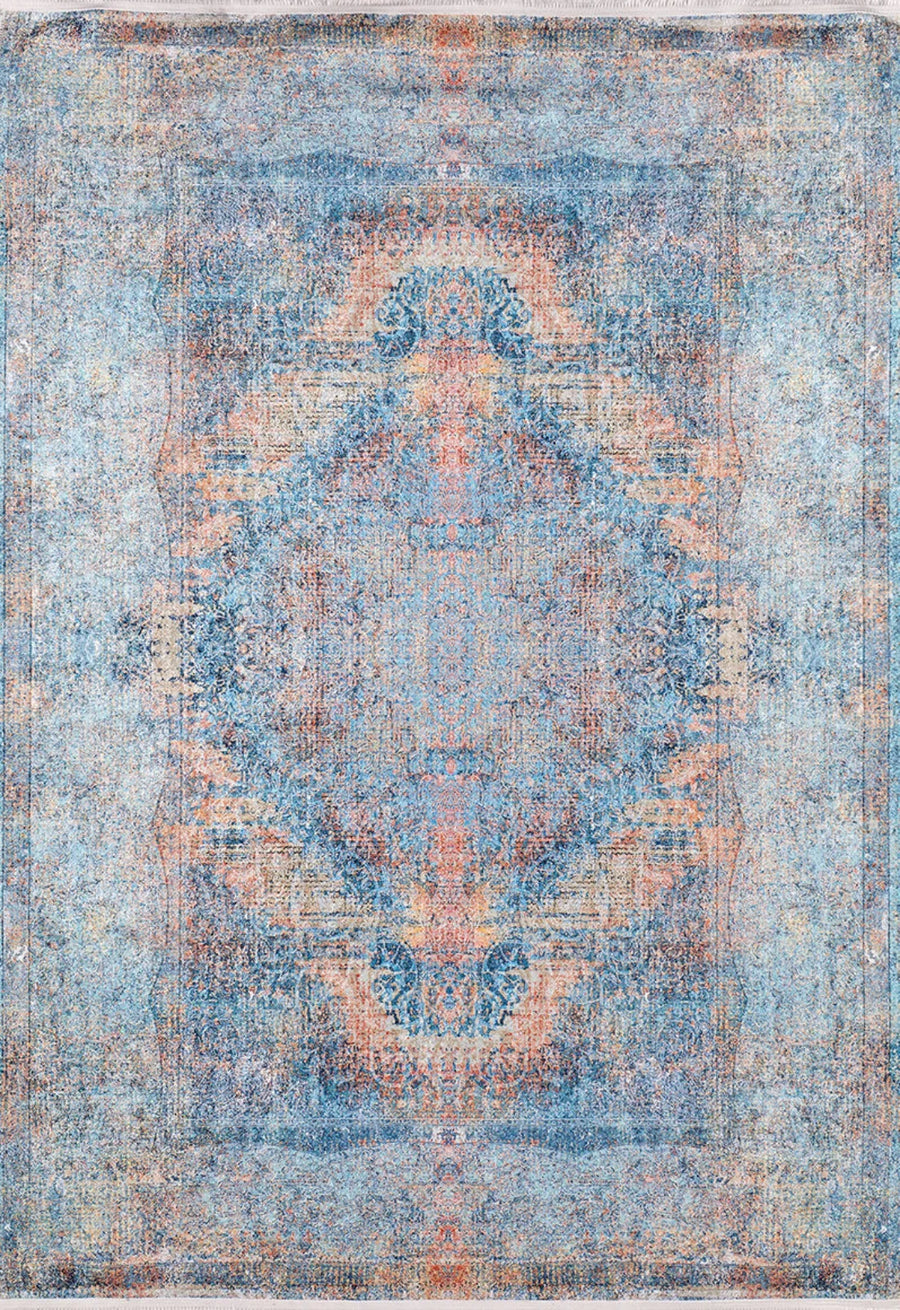 Blue and Orange Distressed Modern Area Rug – in the living room