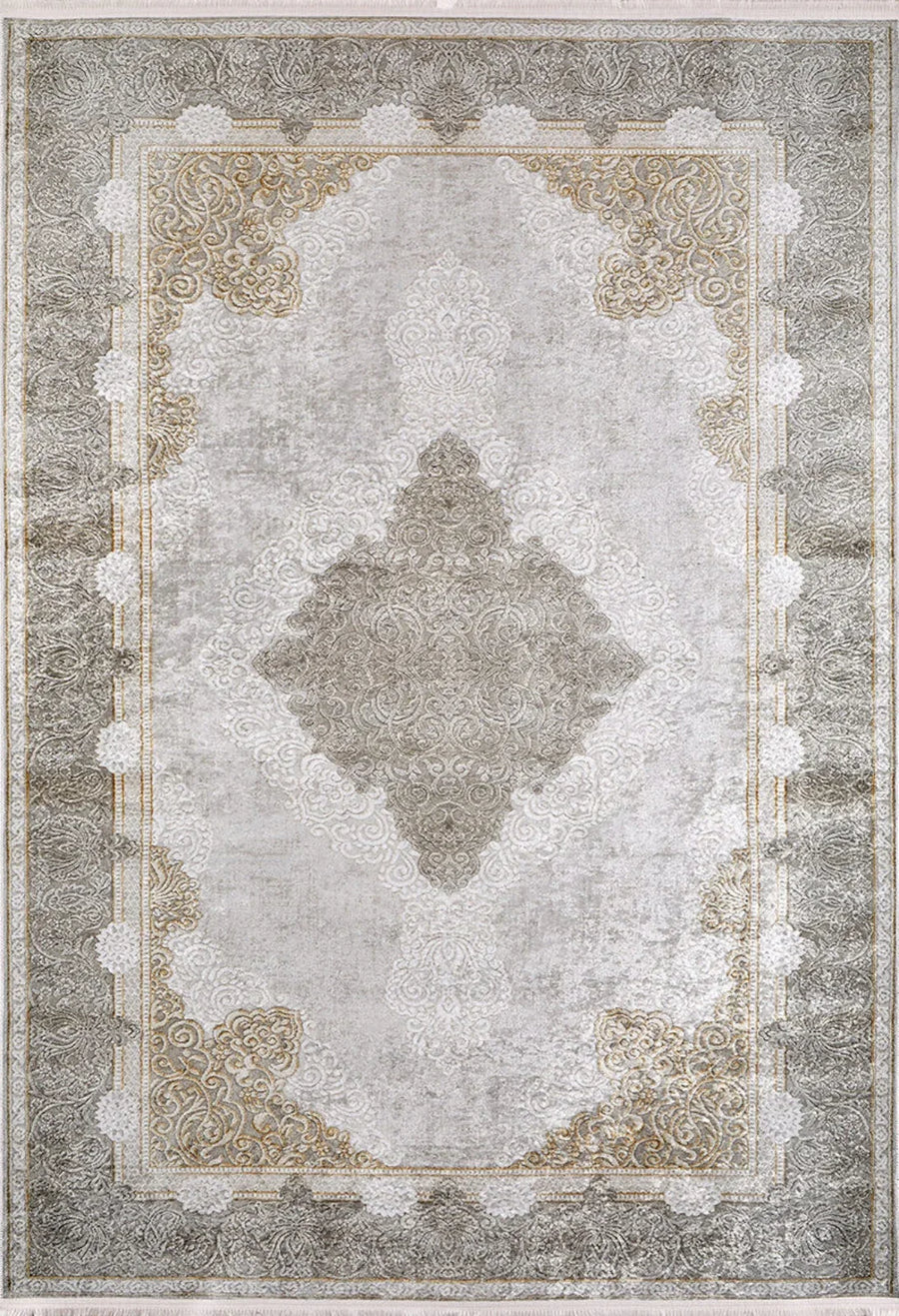 Grey and Beige Medallion Distressed Area Rug – in the living room