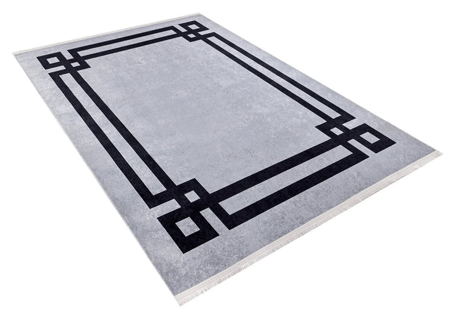 Beyaz Gri Geometrik Modern Halı - Yıkanabilir - Kaymaz Taban - Pati Dostu