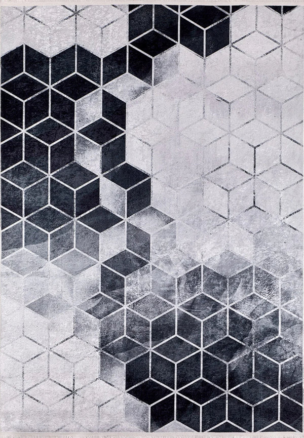 Beyaz Gri Desenli Geometrik Halı - Yıkanabilir - Kaymaz Taban - Pati Dostu