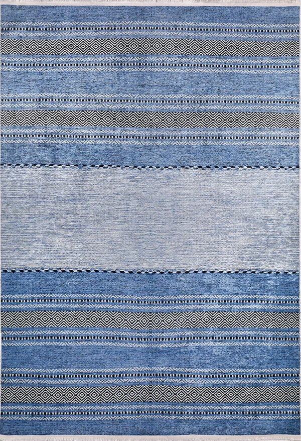 Gri Mavi Desenli Modern Halı - Yıkanabilir - Kaymaz Taban - Pati Dostu