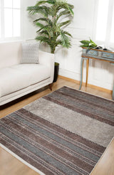 Brown Beige Ethnic Striped Living Room Rug - Polyester Machine Woven