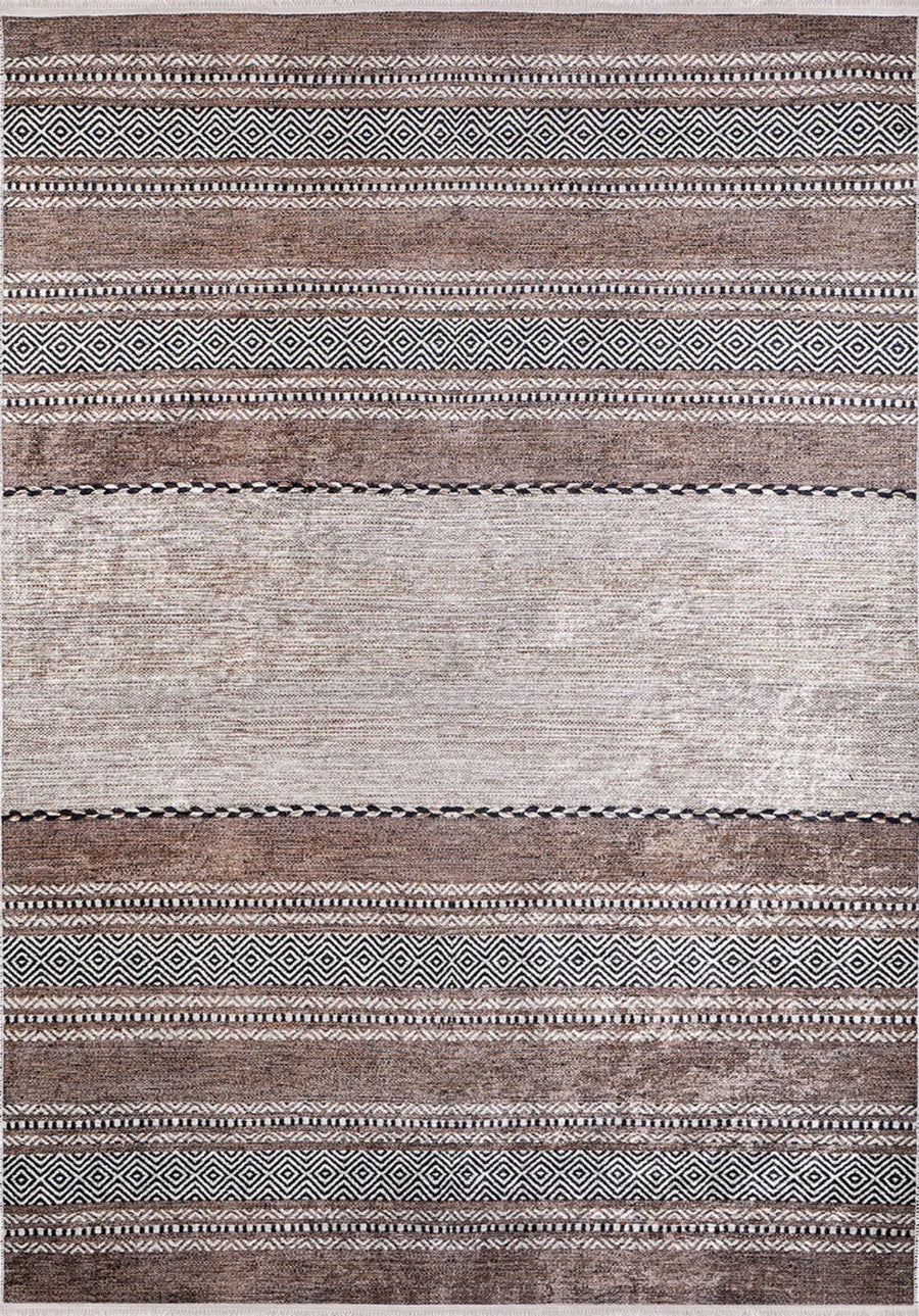 Geometric Pattern Brown Grey Digitally Printed Rug with Overlock Edges – in the living room