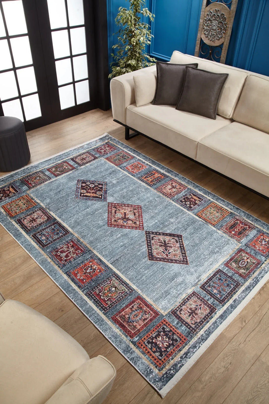 Antrasit Gri Geometrik Modern Halı - Yıkanabilir - Kaymaz Taban - Pati Dostu
