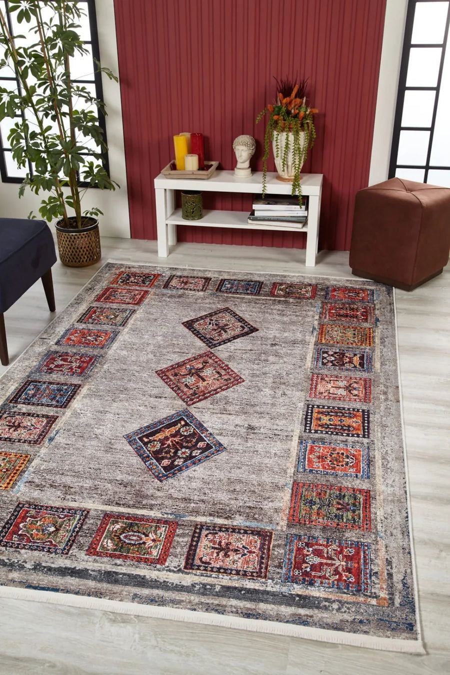 Gri Etnik Geometrik Halı - Yıkanabilir - Kaymaz Taban - Pati Dostu