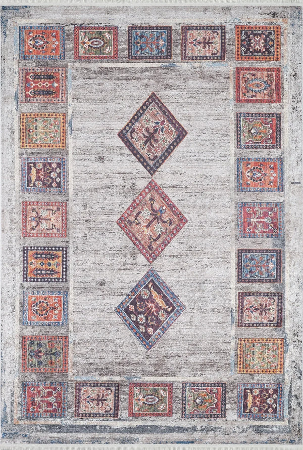 Gri Etnik Geometrik Halı - Yıkanabilir - Kaymaz Taban - Pati Dostu