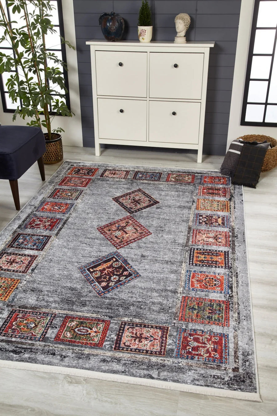 Gri Kırmızı Modern Çerçeveli Halı - Yıkanabilir - Kaymaz Taban - Pati Dostu